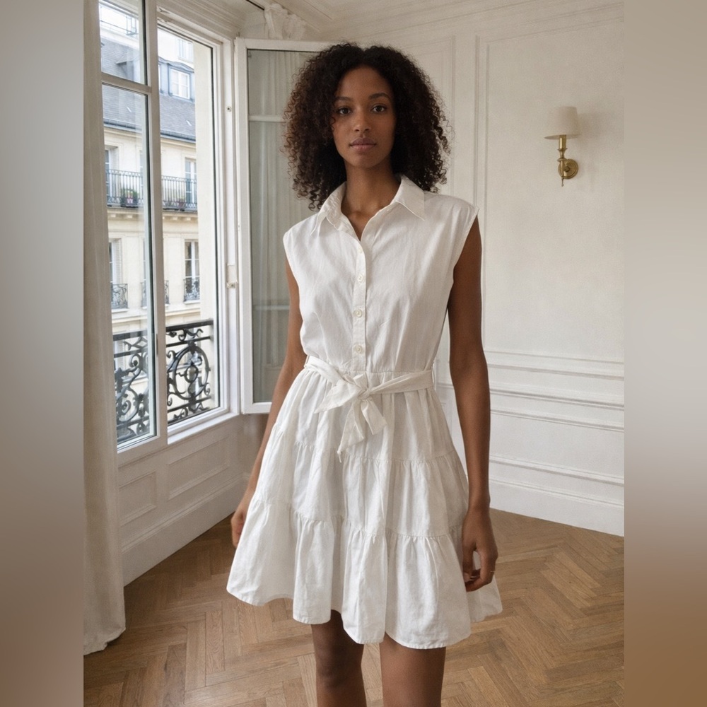 Kasia Bubble Tiered Mini Dress White Belted Shoulder Pads Structured Size XS